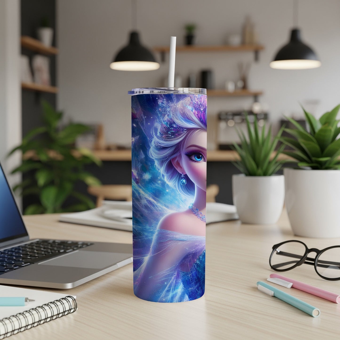 Tall tumbler with a purple and blue galaxy design featuring a fantasy princess.