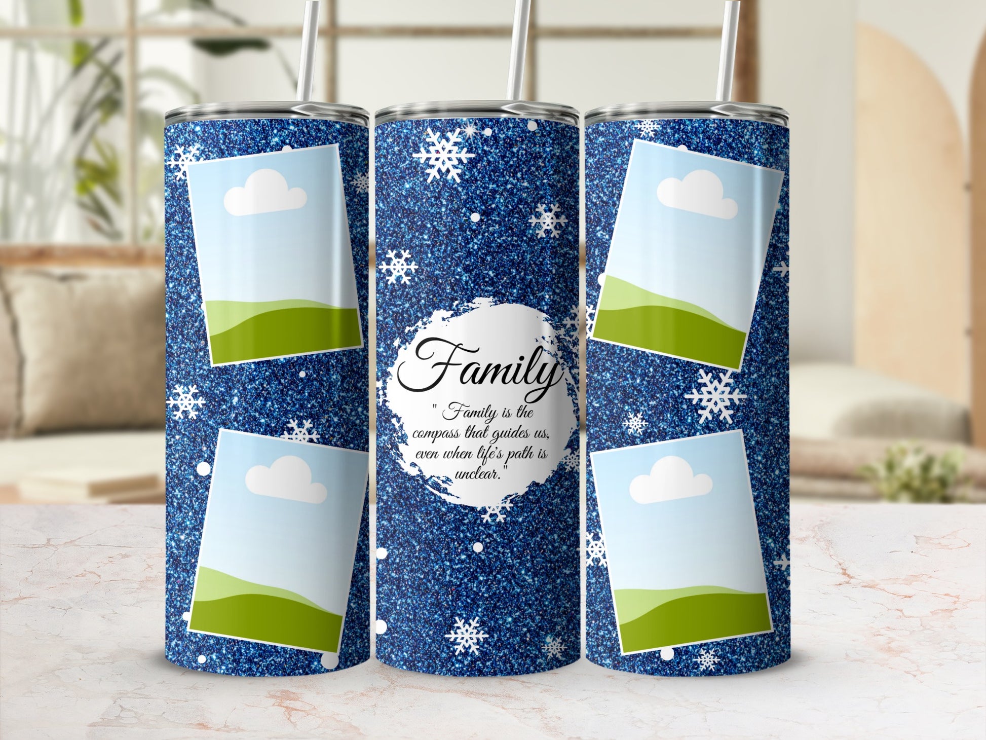 Blue glitter tumbler with snowflakes and quote: "Family is the compass that guides us".
