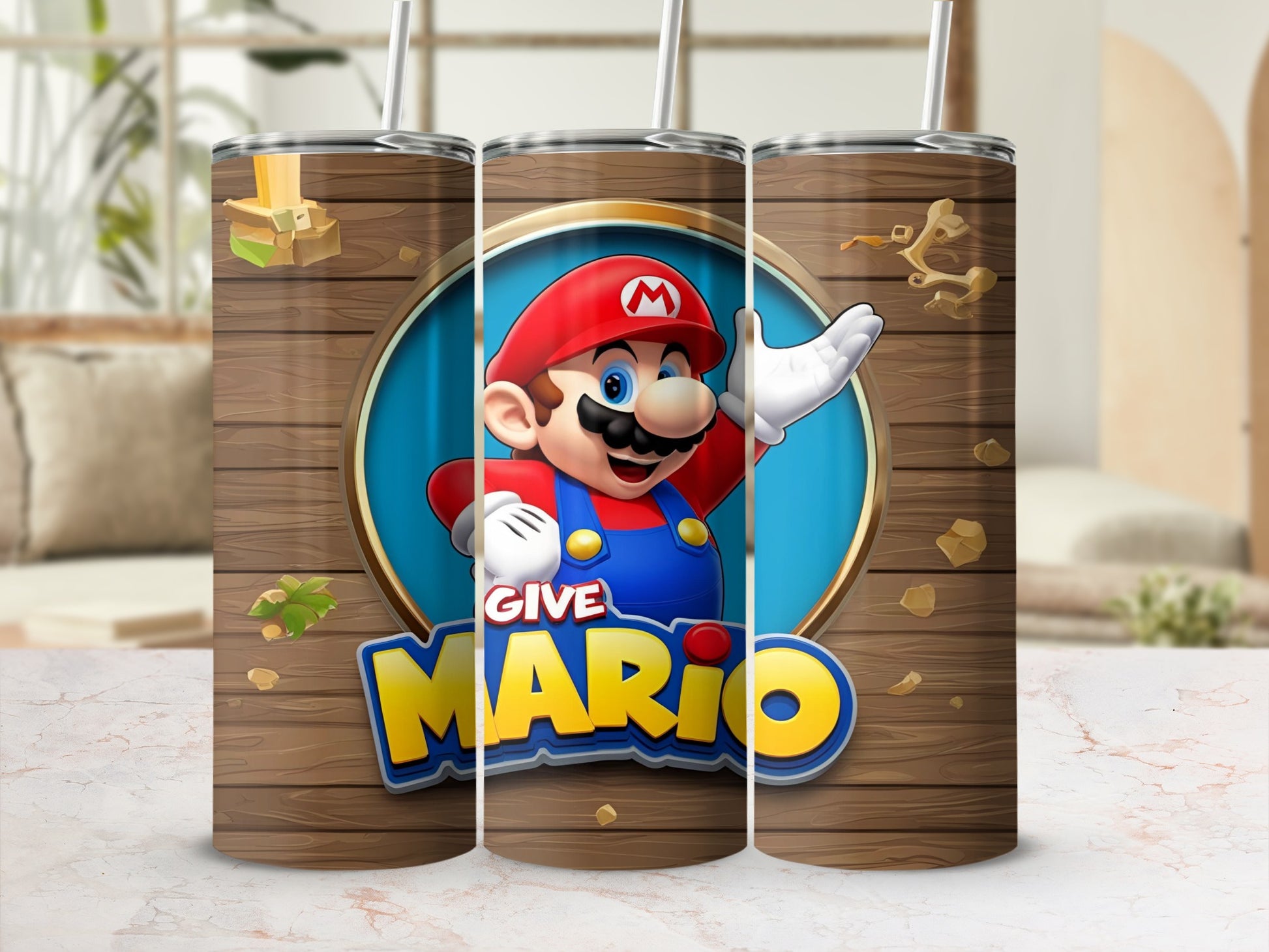 Mario character on a wooden textured tumbler with "GIVE MARIO" text.