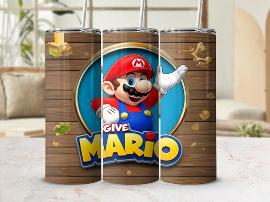 Mario character on a wooden textured tumbler with "GIVE MARIO" text.