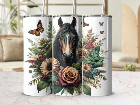 Horse portrait with flowers and butterflies on a white tumbler.