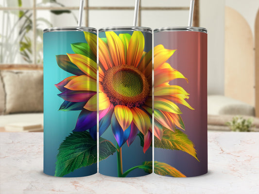 Three tumblers featuring vibrant, rainbow-colored sunflowers against a blurred background.