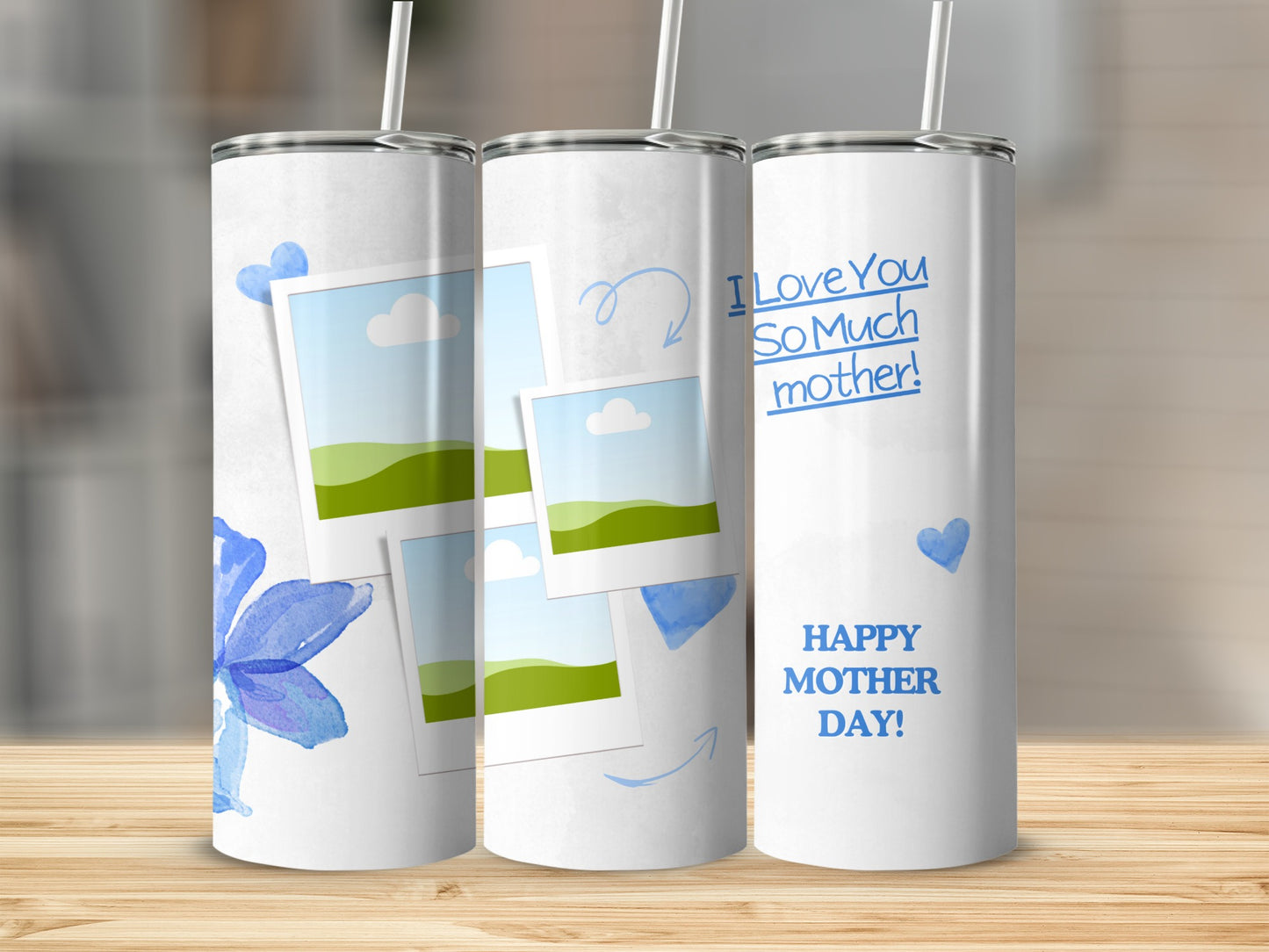 Tumbler with blue watercolor hearts, photos, and "Happy Mother Day!" text.