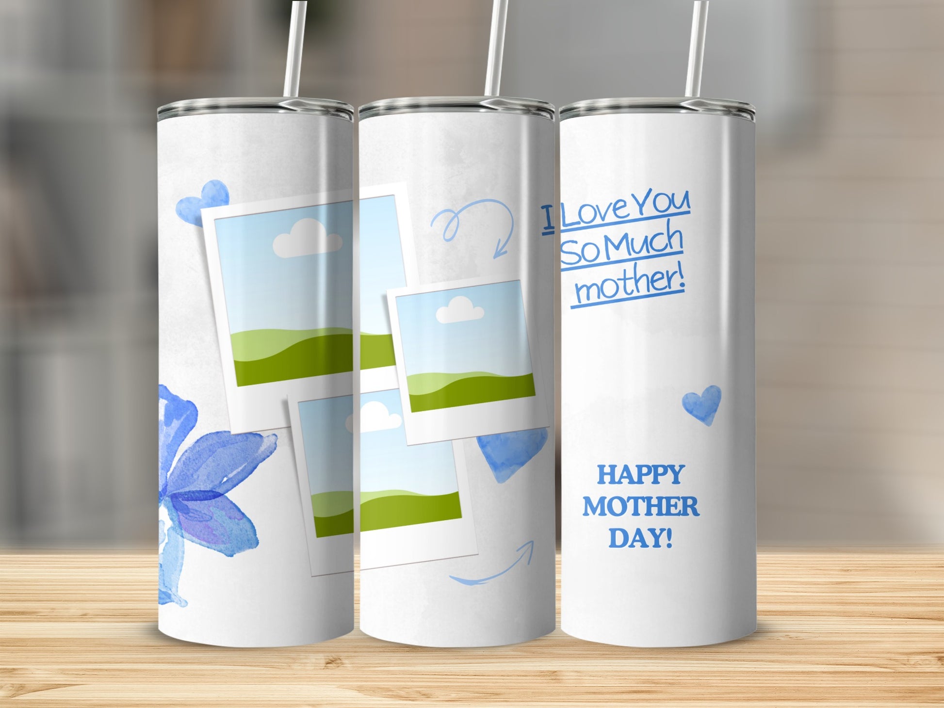Tumbler with blue watercolor hearts, photos, and "Happy Mother Day!" text.