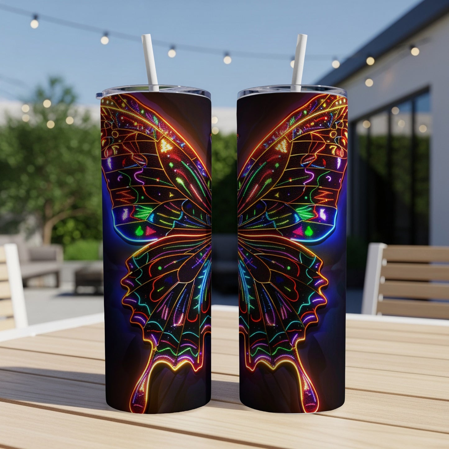 Two tall tumblers with a neon butterfly design on a table outdoors.