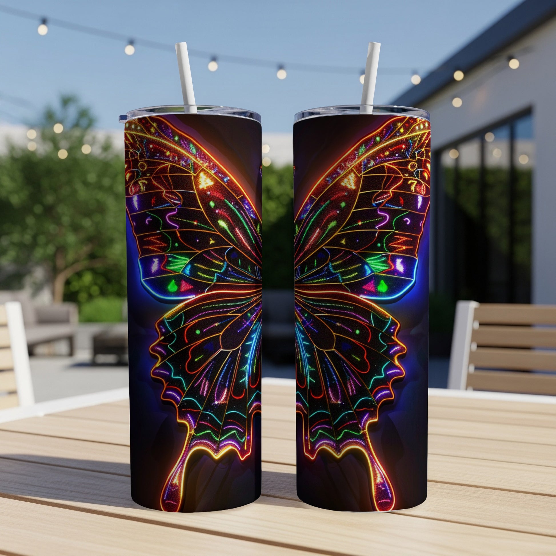 Two tall tumblers with a neon butterfly design on a table outdoors.