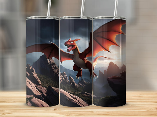 Red dragon flying through rocky mountains with sunset in background.