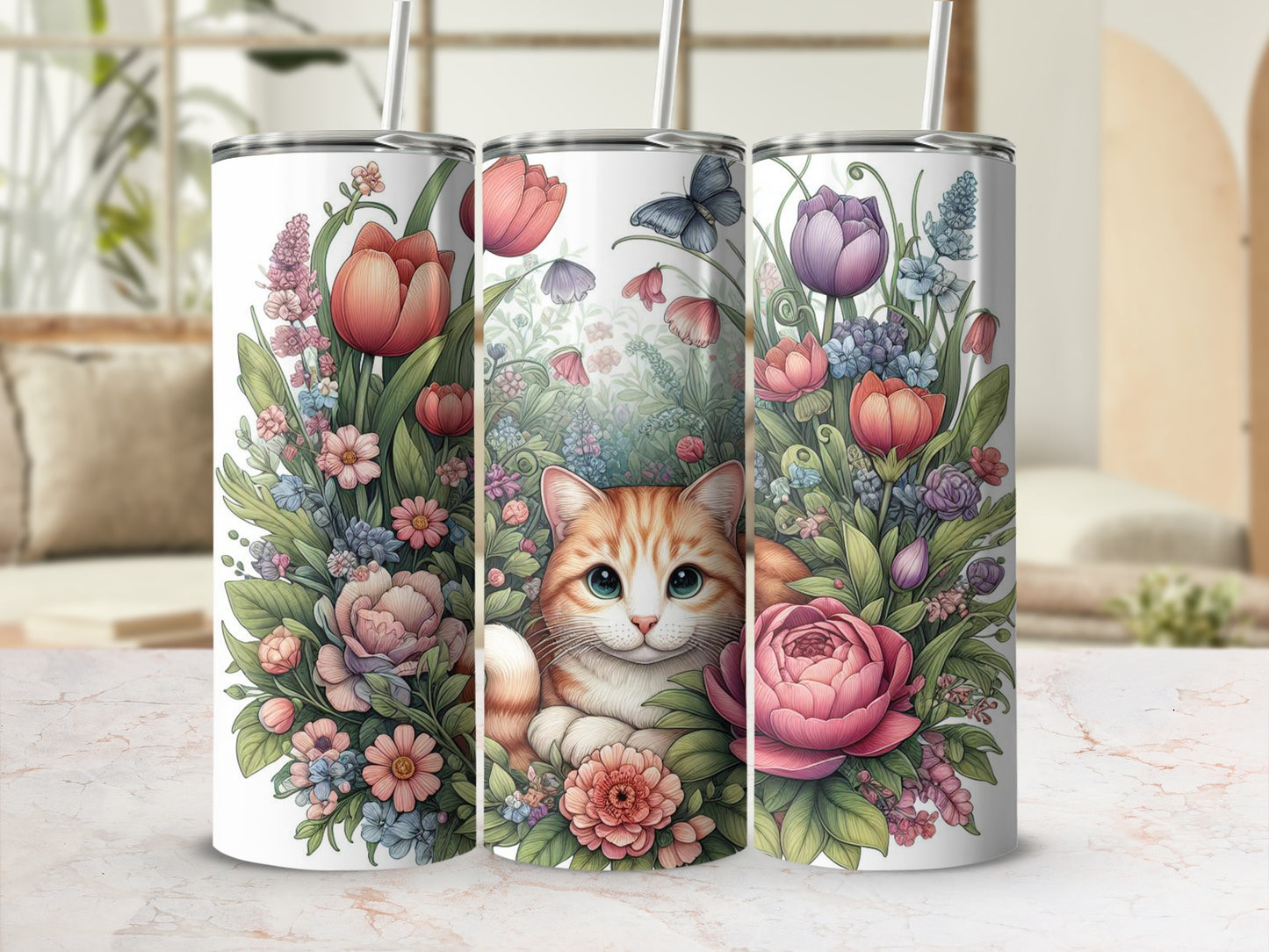 Orange tabby cat peeking through a floral bouquet with tulips and roses.