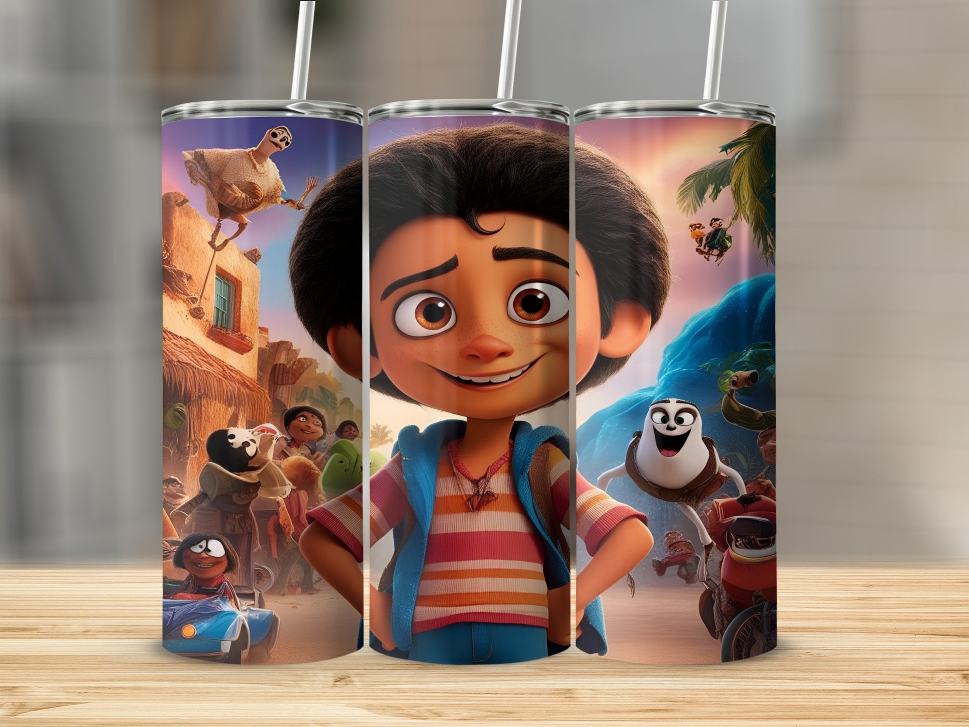 Animated boy with friends on colorful tumbler.