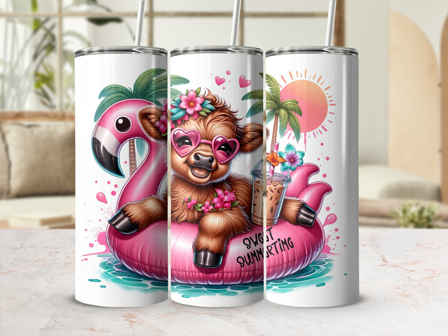 Cow wearing heart sunglasses rides flamingo float with "Sweet Summertime" text.