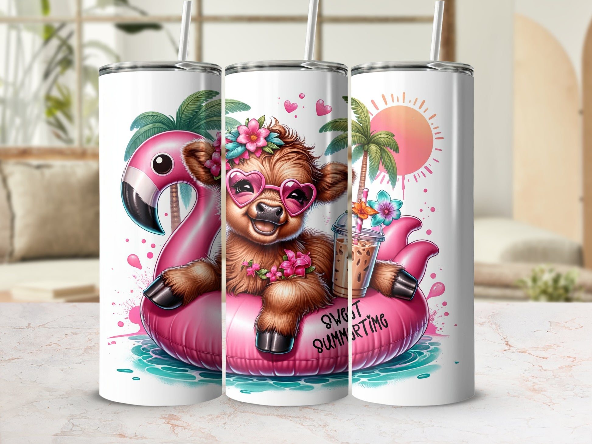 Cow wearing heart sunglasses rides flamingo float with "Sweet Summertime" text.