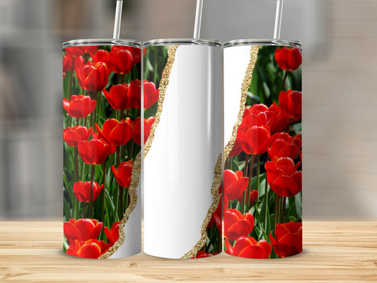 Three tumblers with red tulips and gold glitter accents.