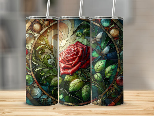 Stained glass tumbler featuring a red rose and butterflies.