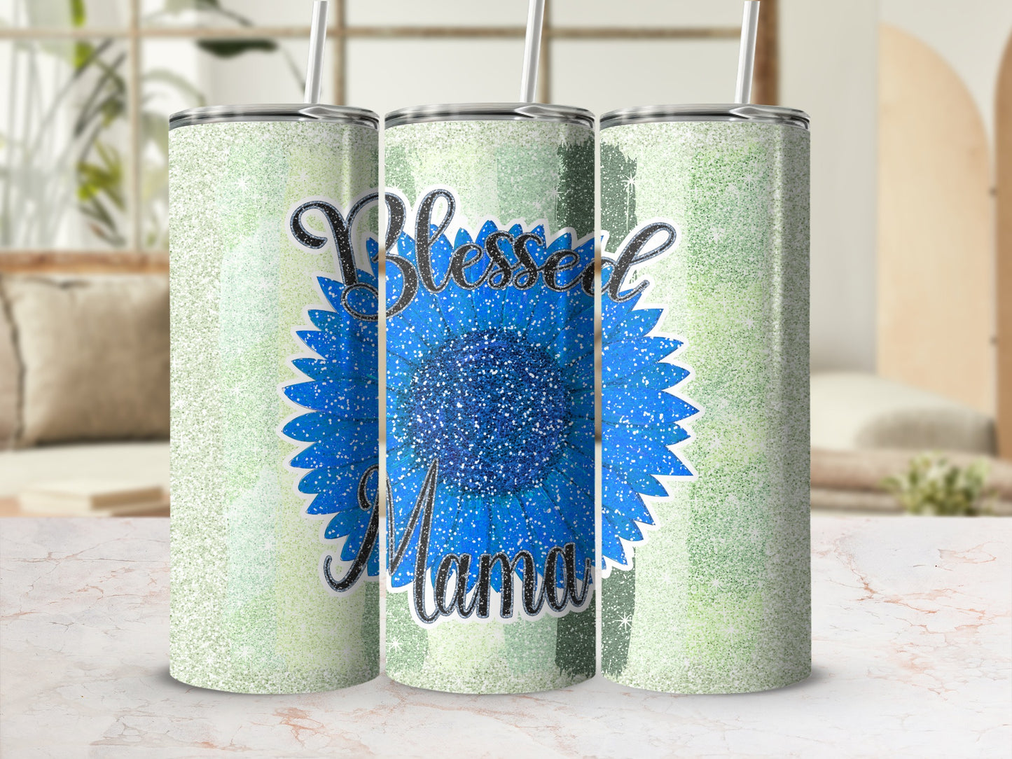 Blessed Mama Blue Sunflower Design Tumbler Cup