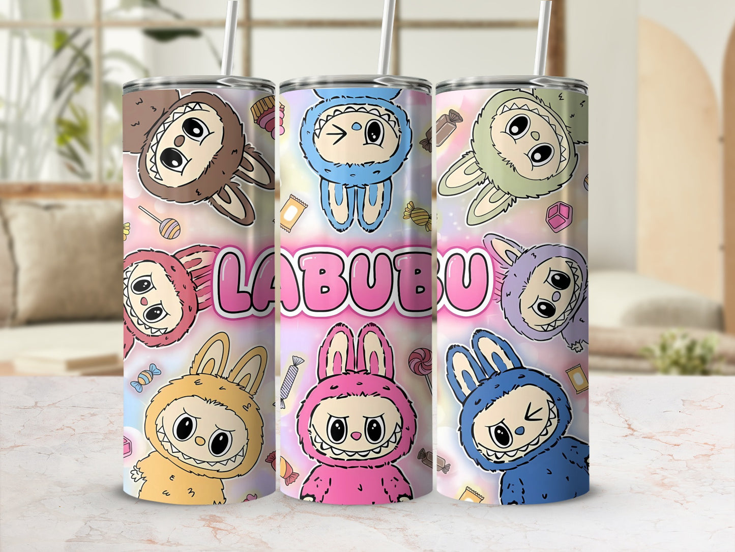 Cute Labubu Cartoon Characters Pattern Tumbler
