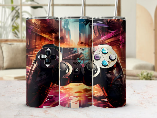 Gamer controller design on three tall, slim tumblers with straw holes.