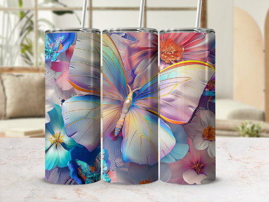Three tumblers decorated with large iridescent butterflies and colorful flowers.