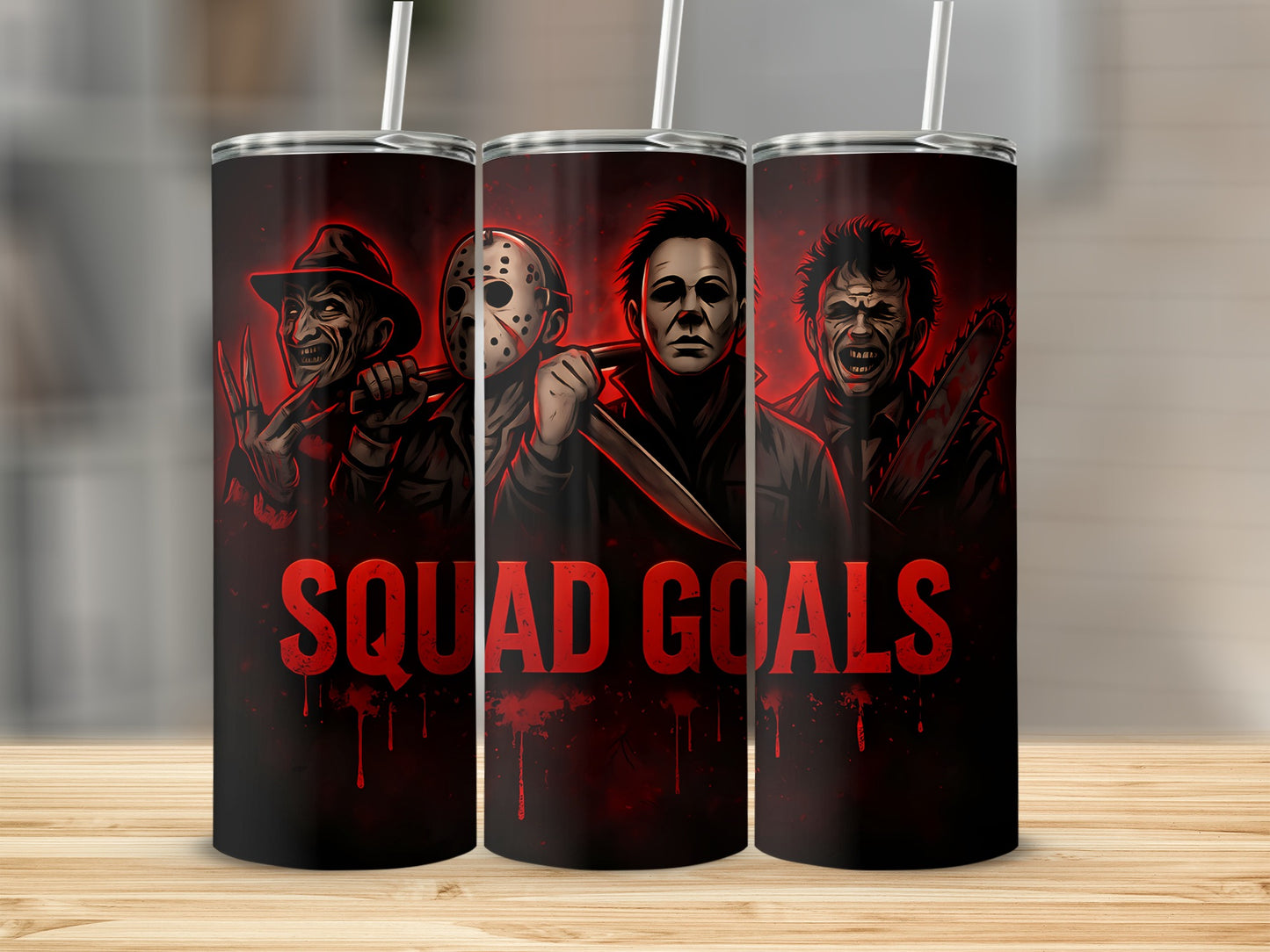 Three tumblers featuring horror movie villains and red "SQUAD GOALS" text.