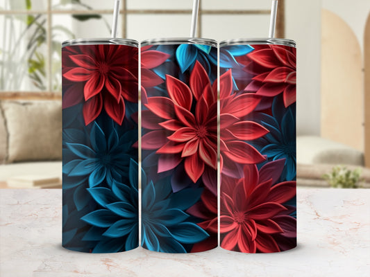 Red and blue floral pattern on three tall, slender tumblers.