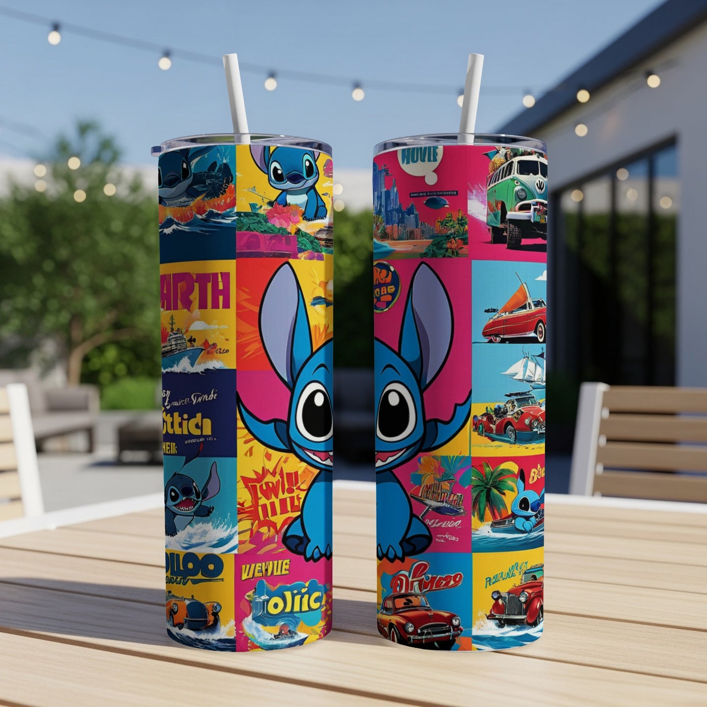 Disney Stitch collage tumbler with colorful comic book panels.
