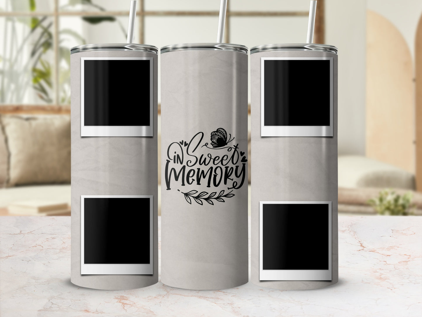 Gray tumbler with "In Sweet Memory" text and black photo frames.