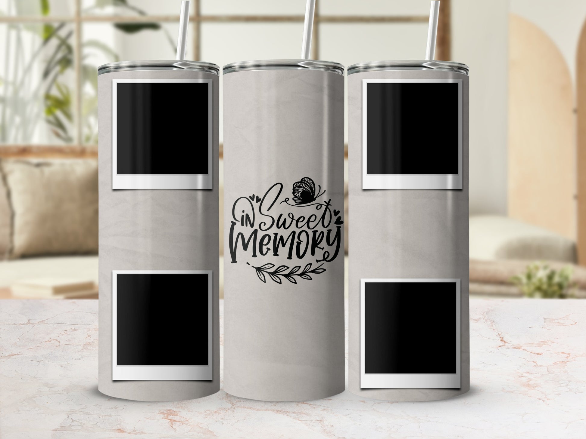 Gray tumbler with "In Sweet Memory" text and black photo frames.