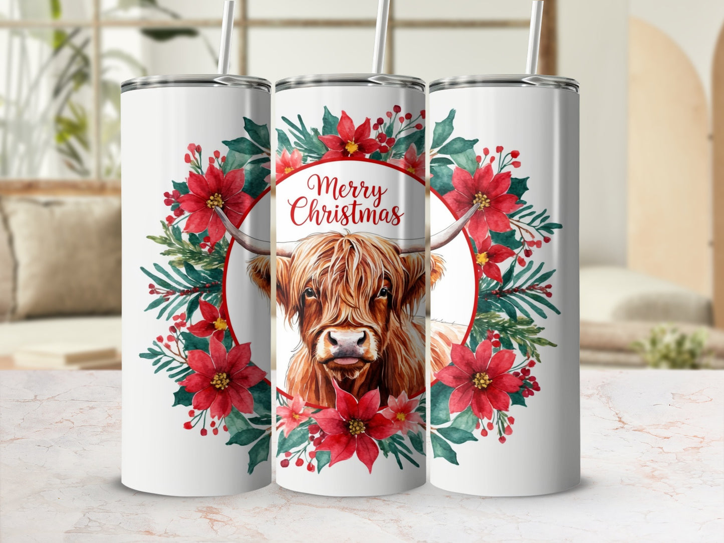 Highland cow with poinsettias and "Merry Christmas" text on a tumbler.