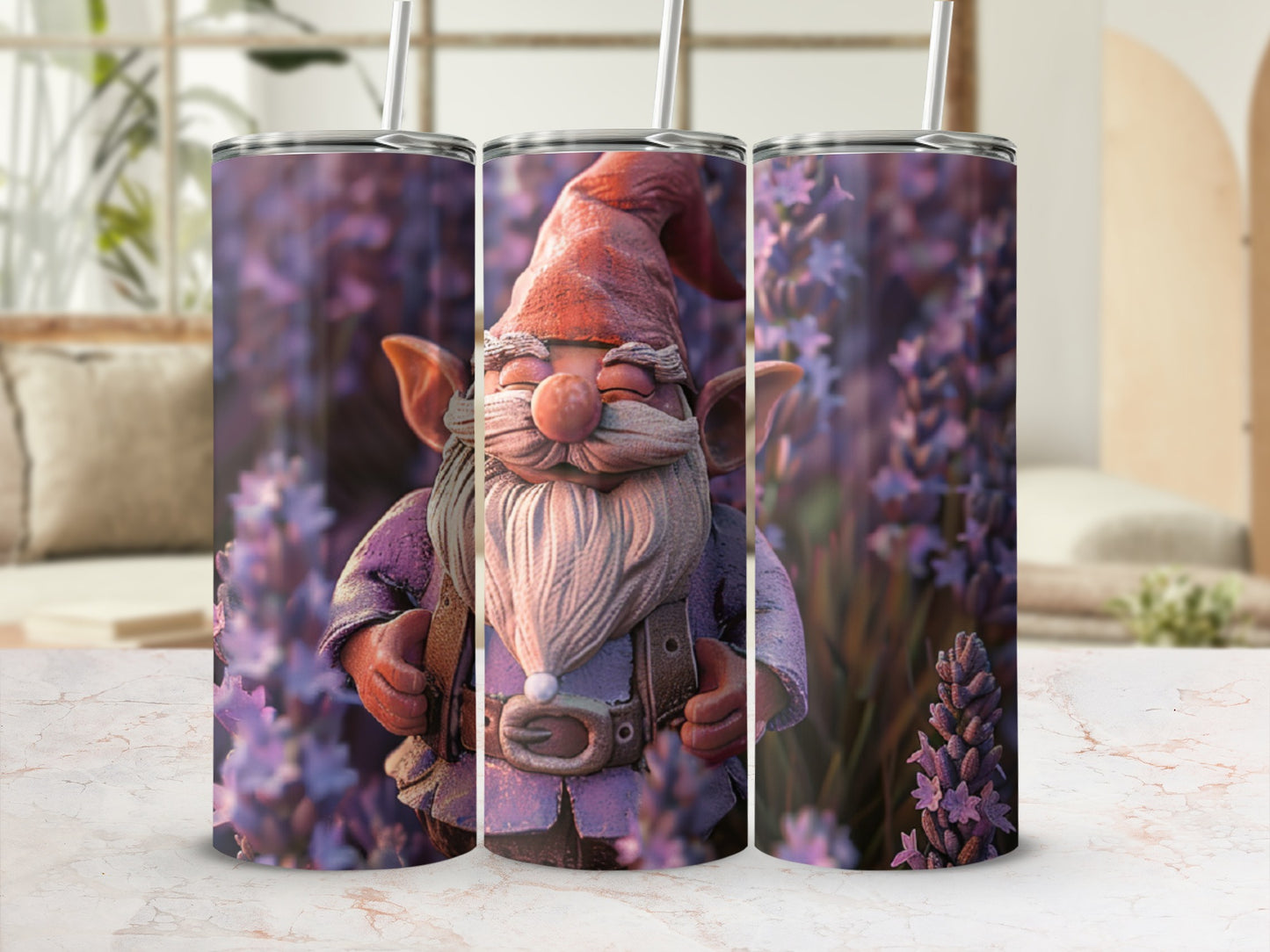 Gnome tumbler with lavender background.