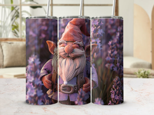 Gnome tumbler with lavender background.