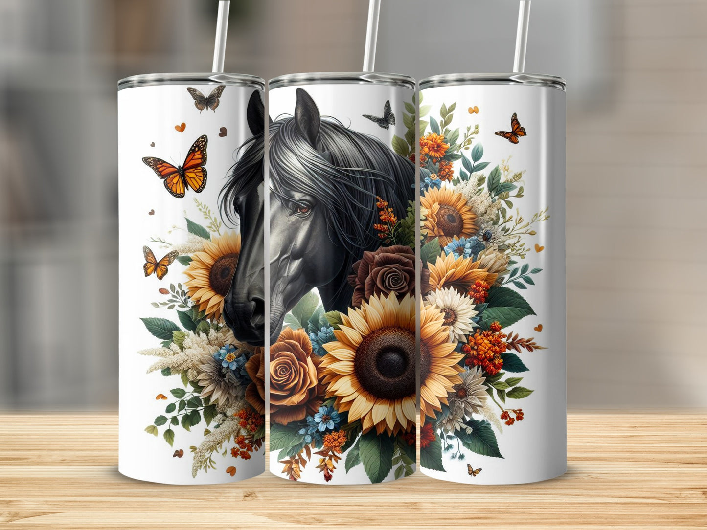 Black horse head with sunflowers and butterflies on a white tumbler.