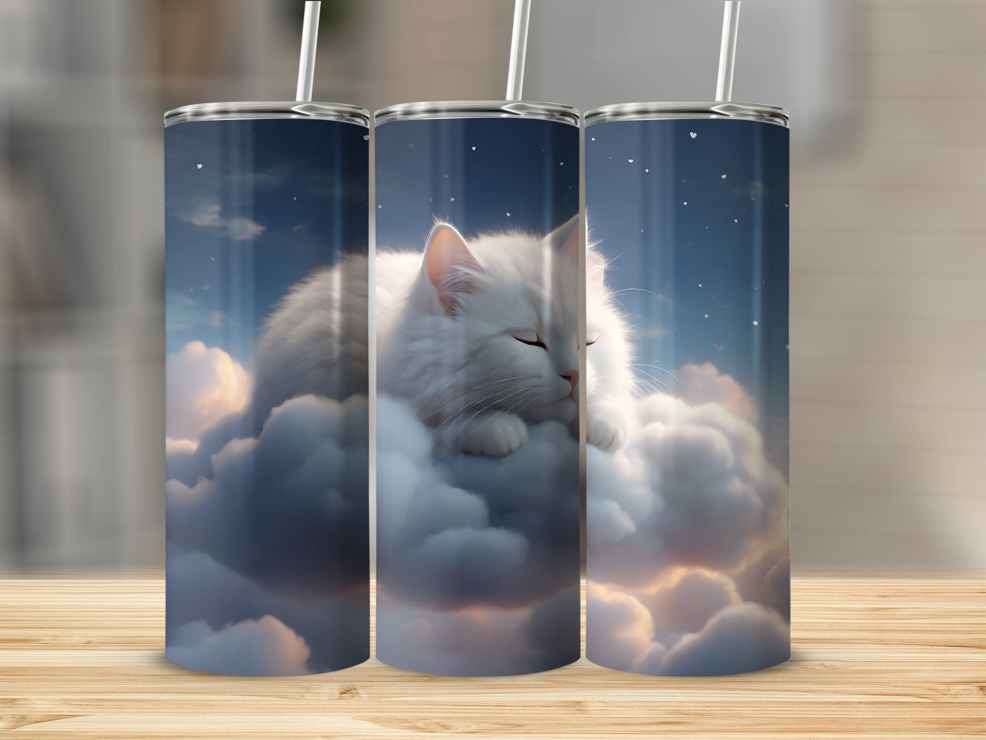 White cat sleeping peacefully on clouds under starry night sky.