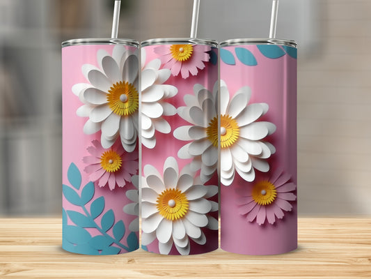 Three pink tumblers with white and yellow daisy designs and blue leaves.
