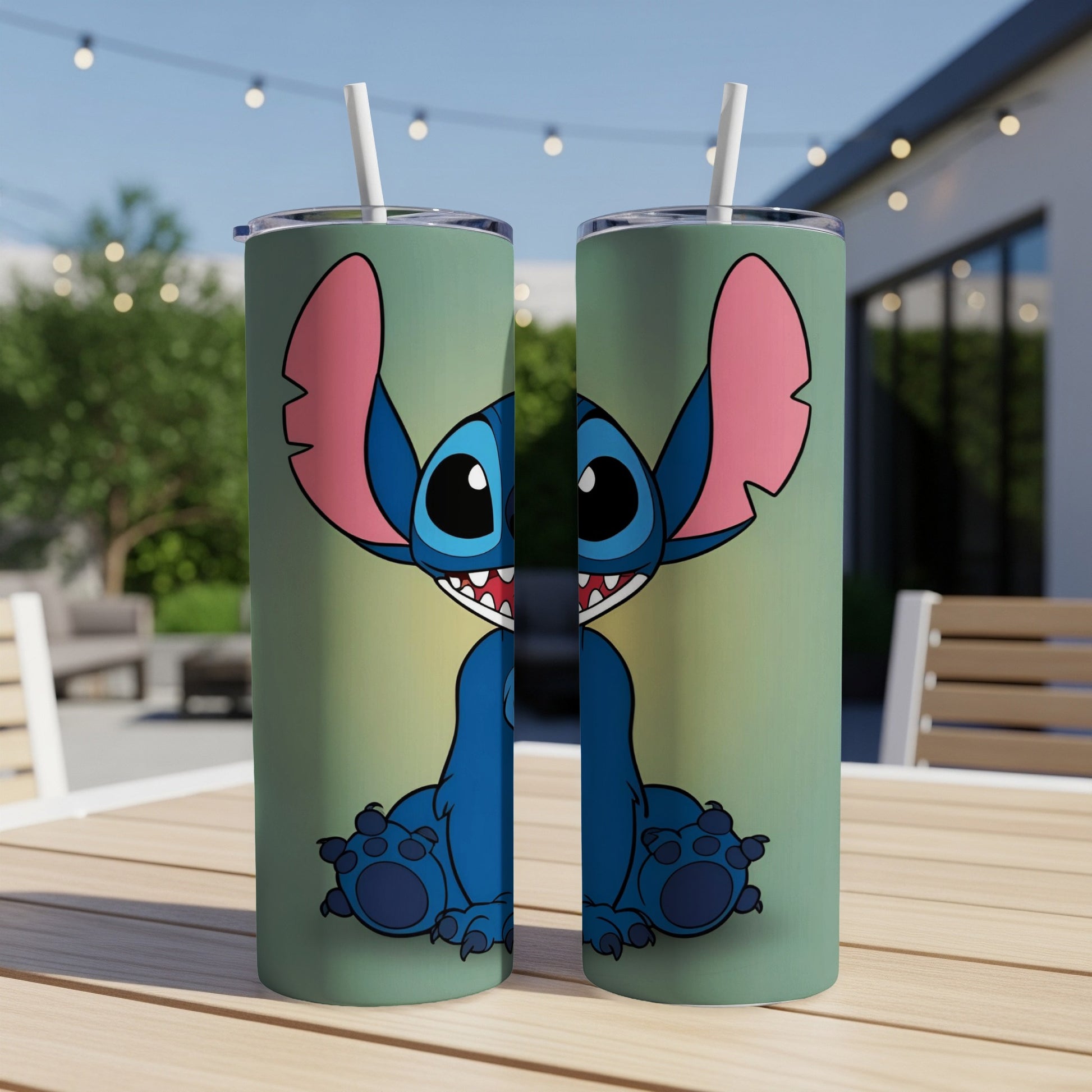 Two tumblers featuring Stitch with large ears and a wide smile.