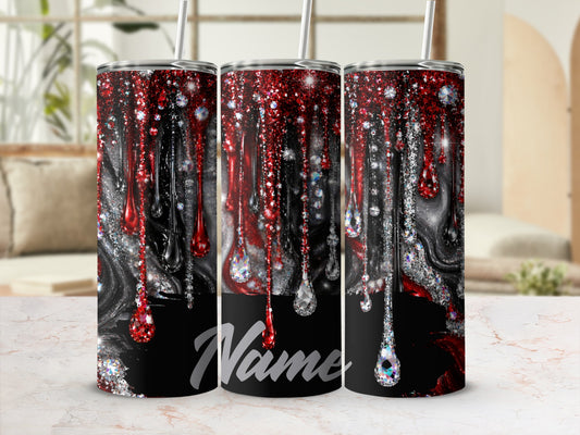 Three tumblers with a black, red, and silver dripping glitter and gem design.