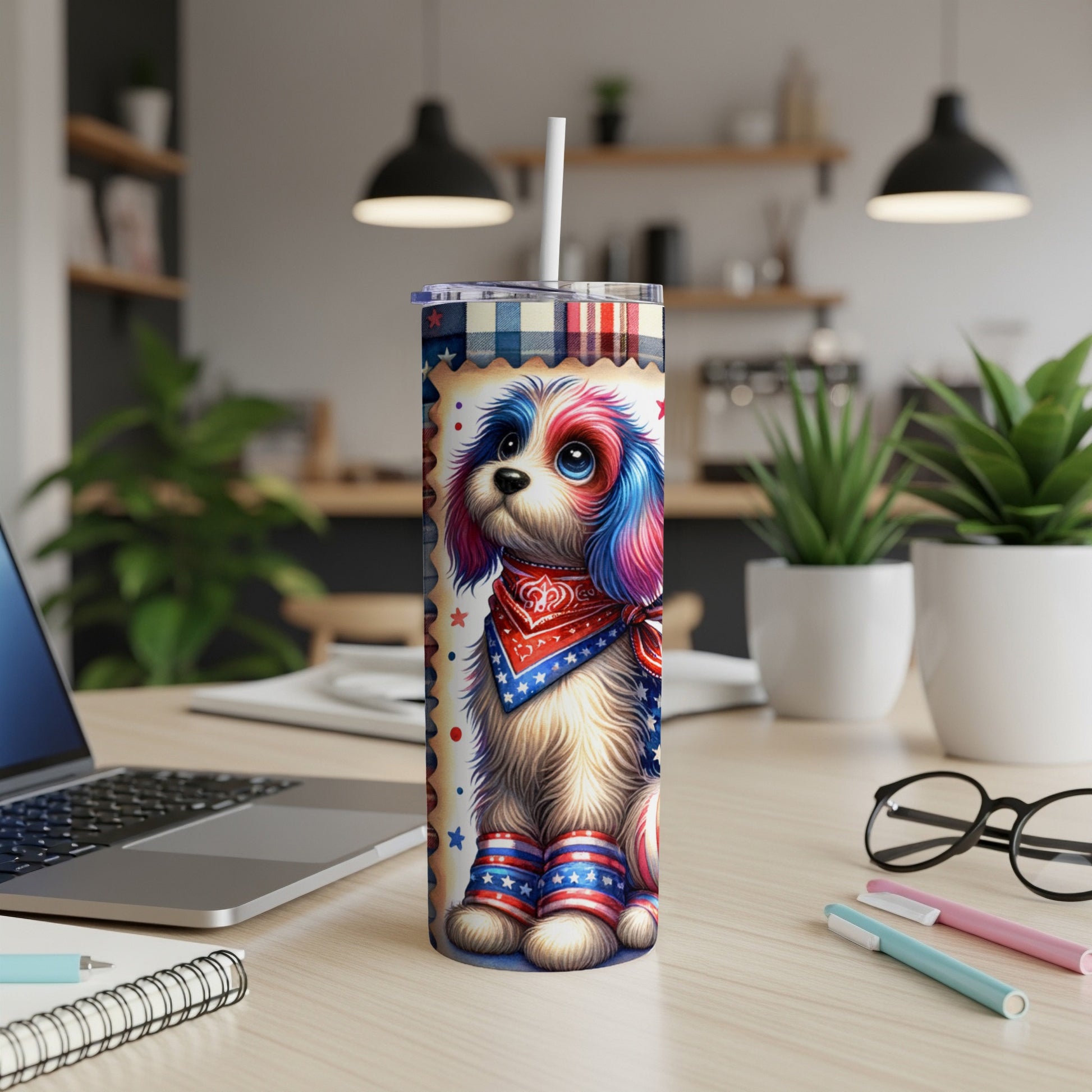 Puppy with patriotic bandana and socks on a tumbler.