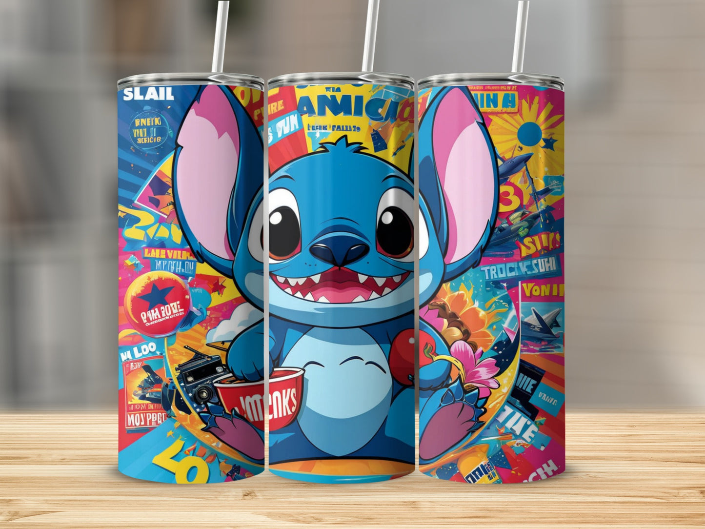 Stitch character on a colorful tumbler with cartoonish text and graphics.