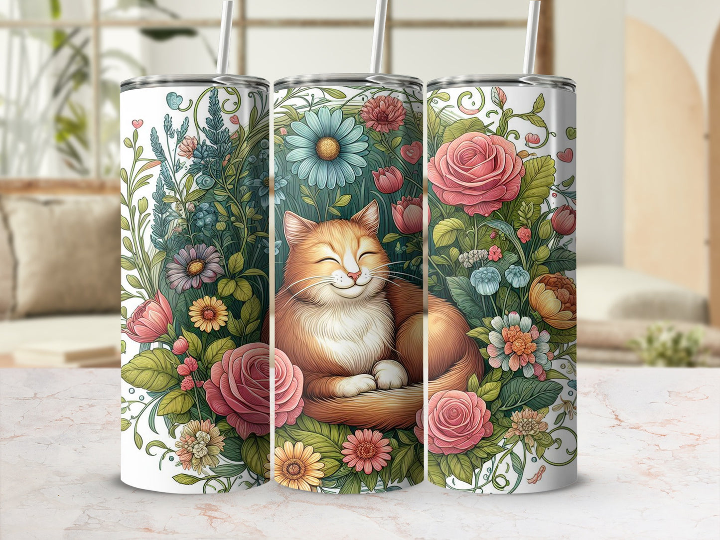 Tabby cat resting in a floral arrangement with pink roses and blue daisies.