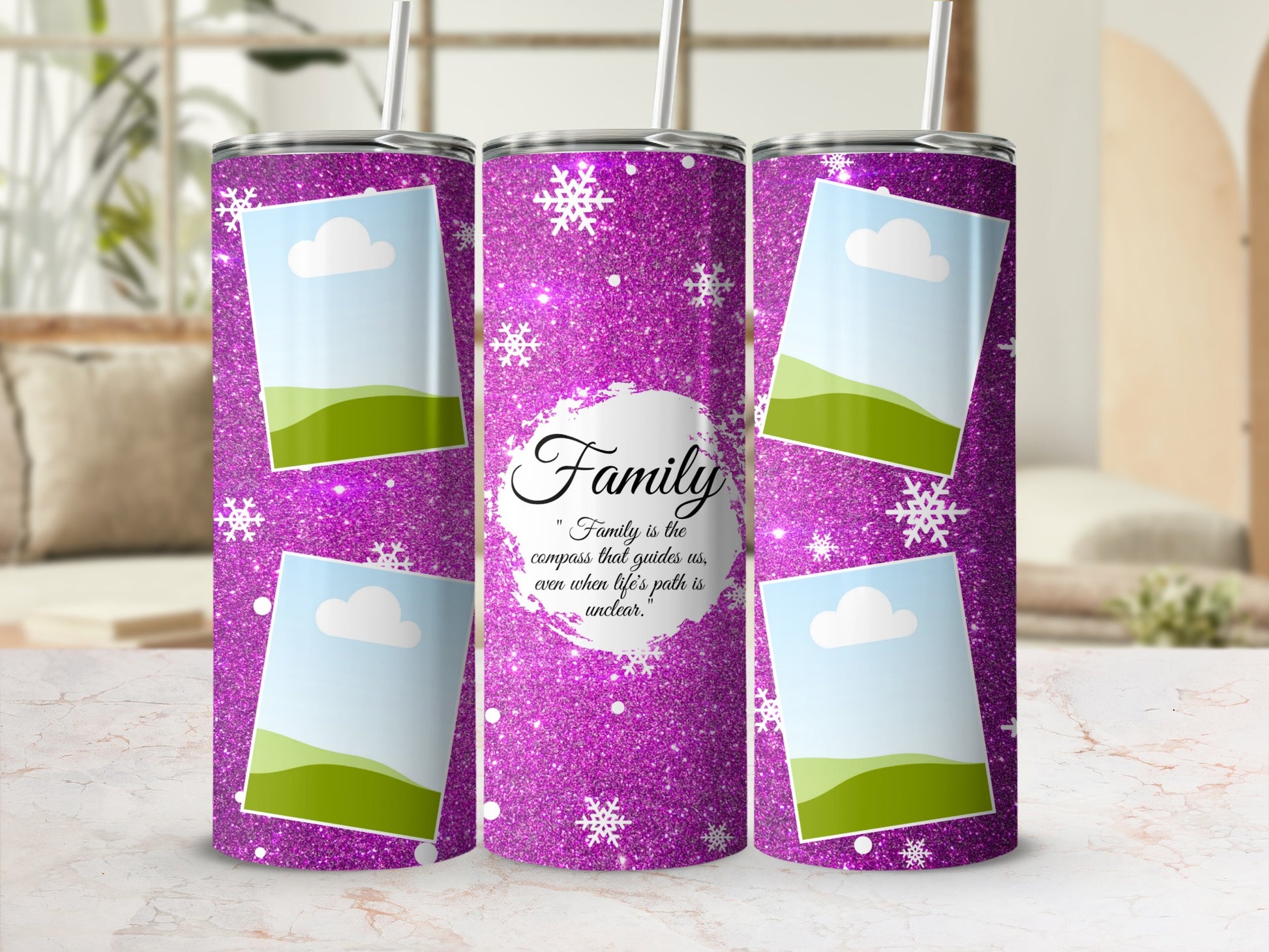 Purple glitter tumblers with snowflake design and family quote.