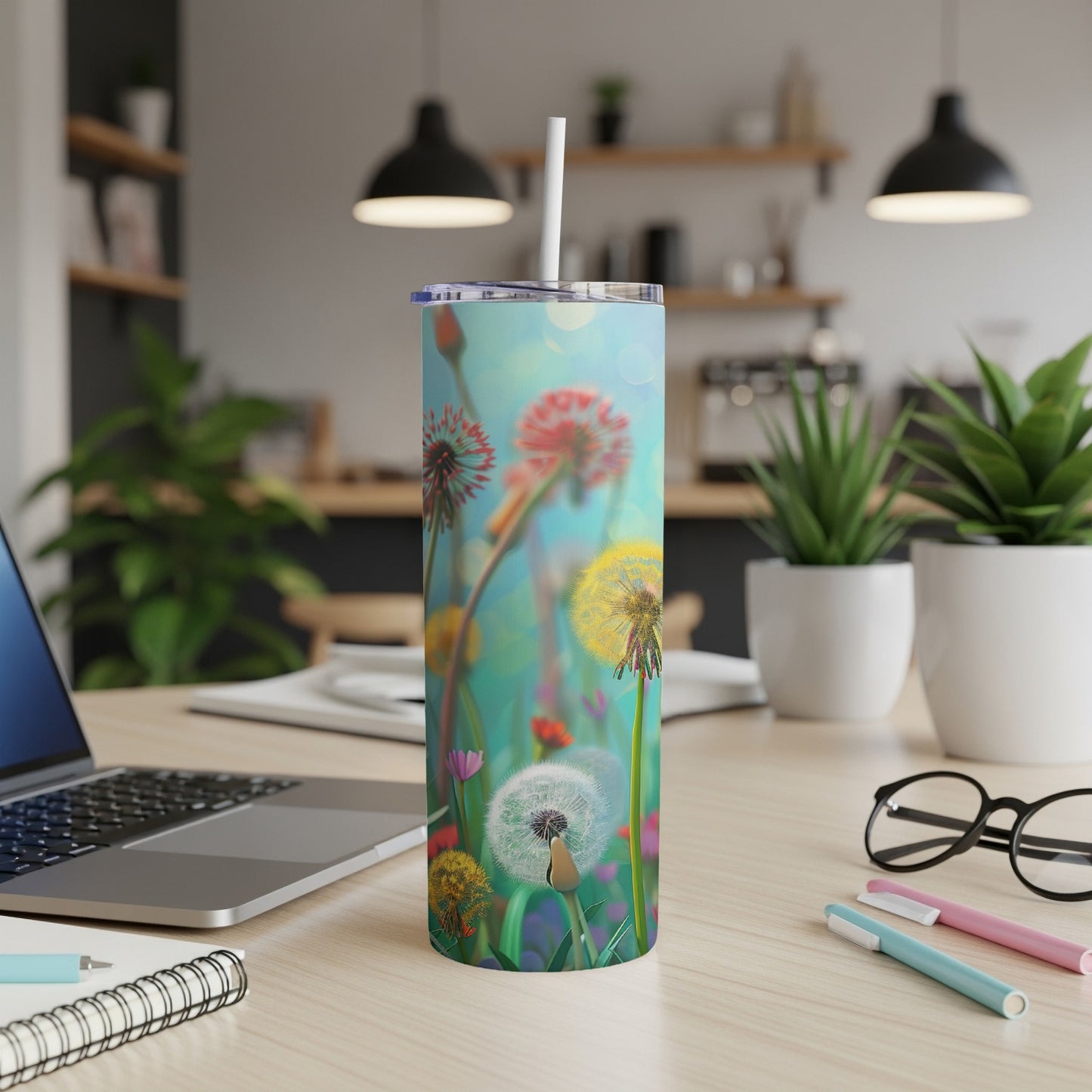 Tumbler with colorful dandelions and floral background on a desk.