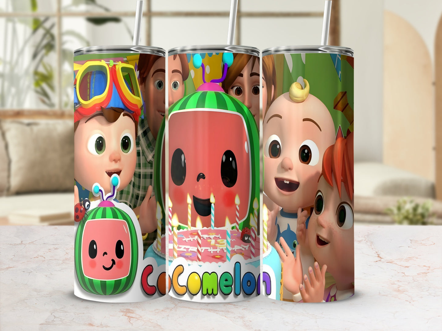 Cocomelon characters and birthday cake design on a stainless steel tumbler.