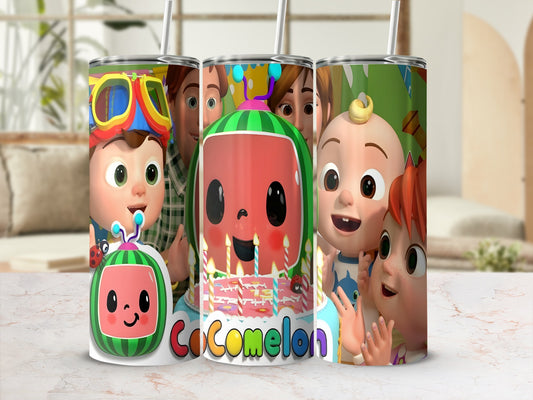 Cocomelon characters and birthday cake design on a stainless steel tumbler.