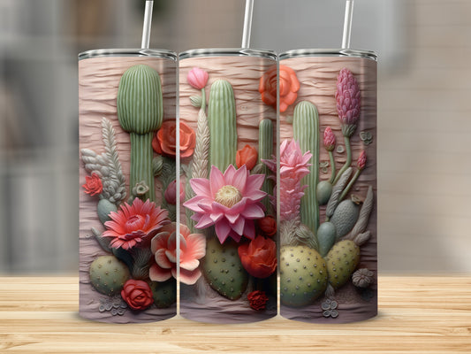 Three tumblers with a pink and green desert cactus floral design.