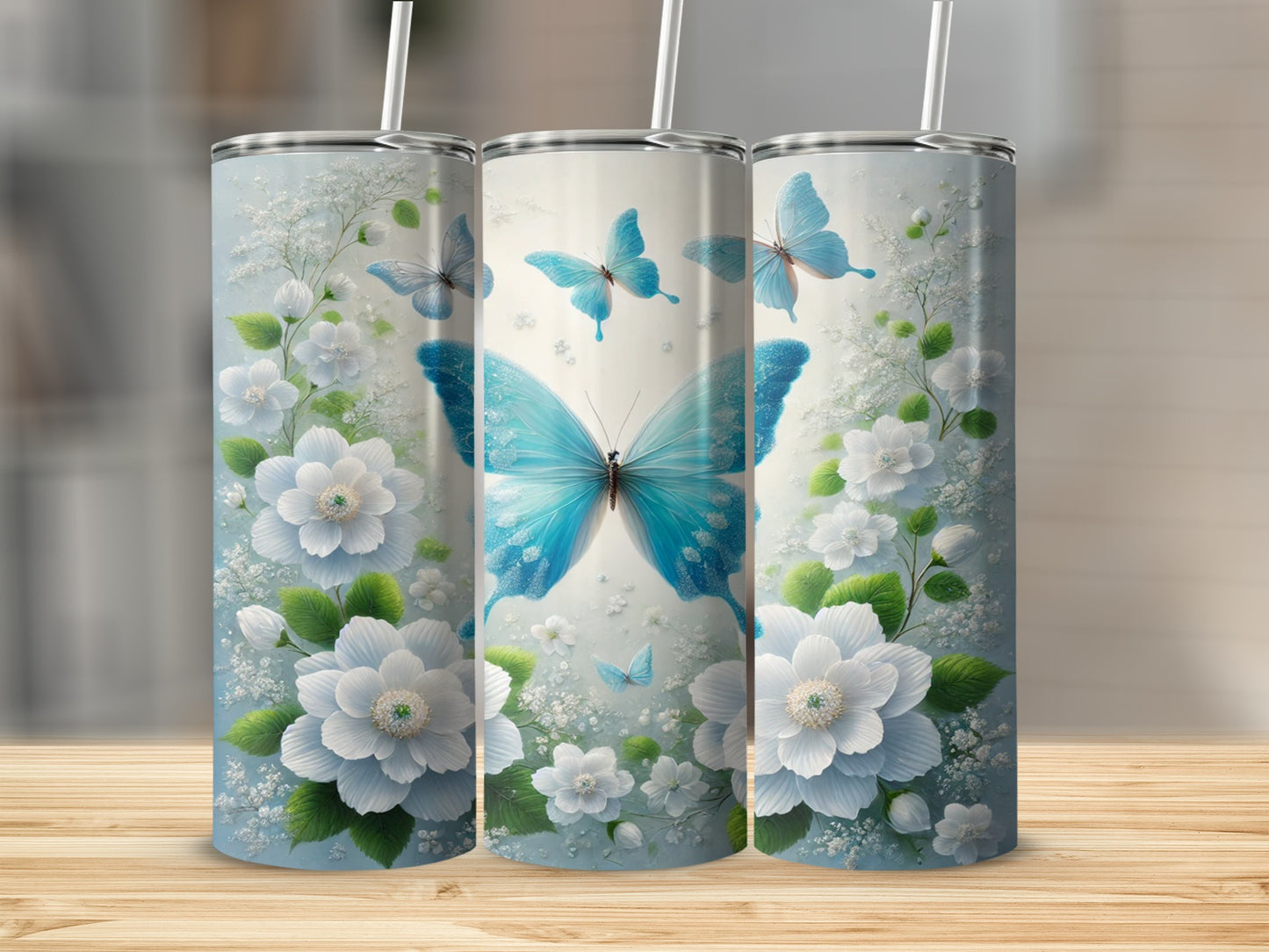 Blue Butterfly and White Flower Pattern Tumbler