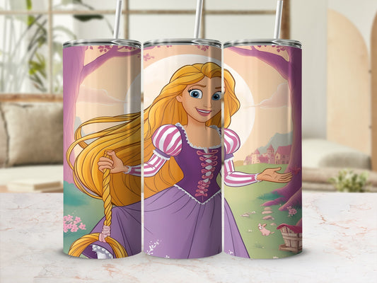Rapunzel in a purple dress with long blonde hair, holding her hair.