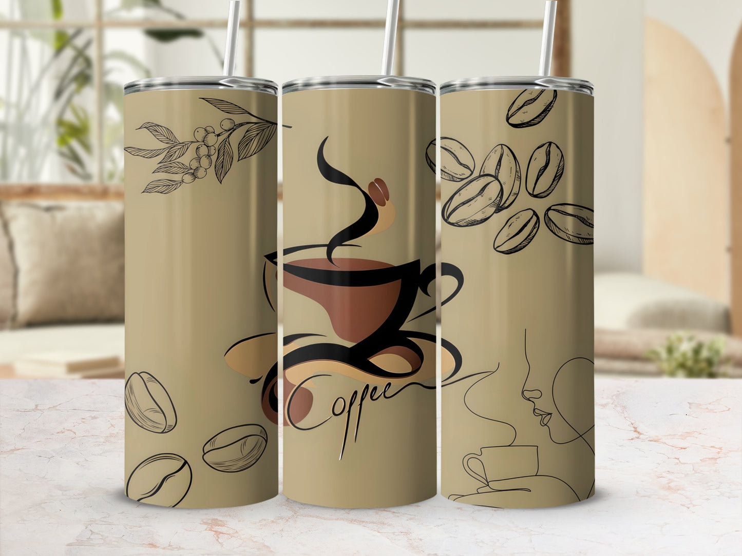 Coffee Themed Tumbler with Artistic Design