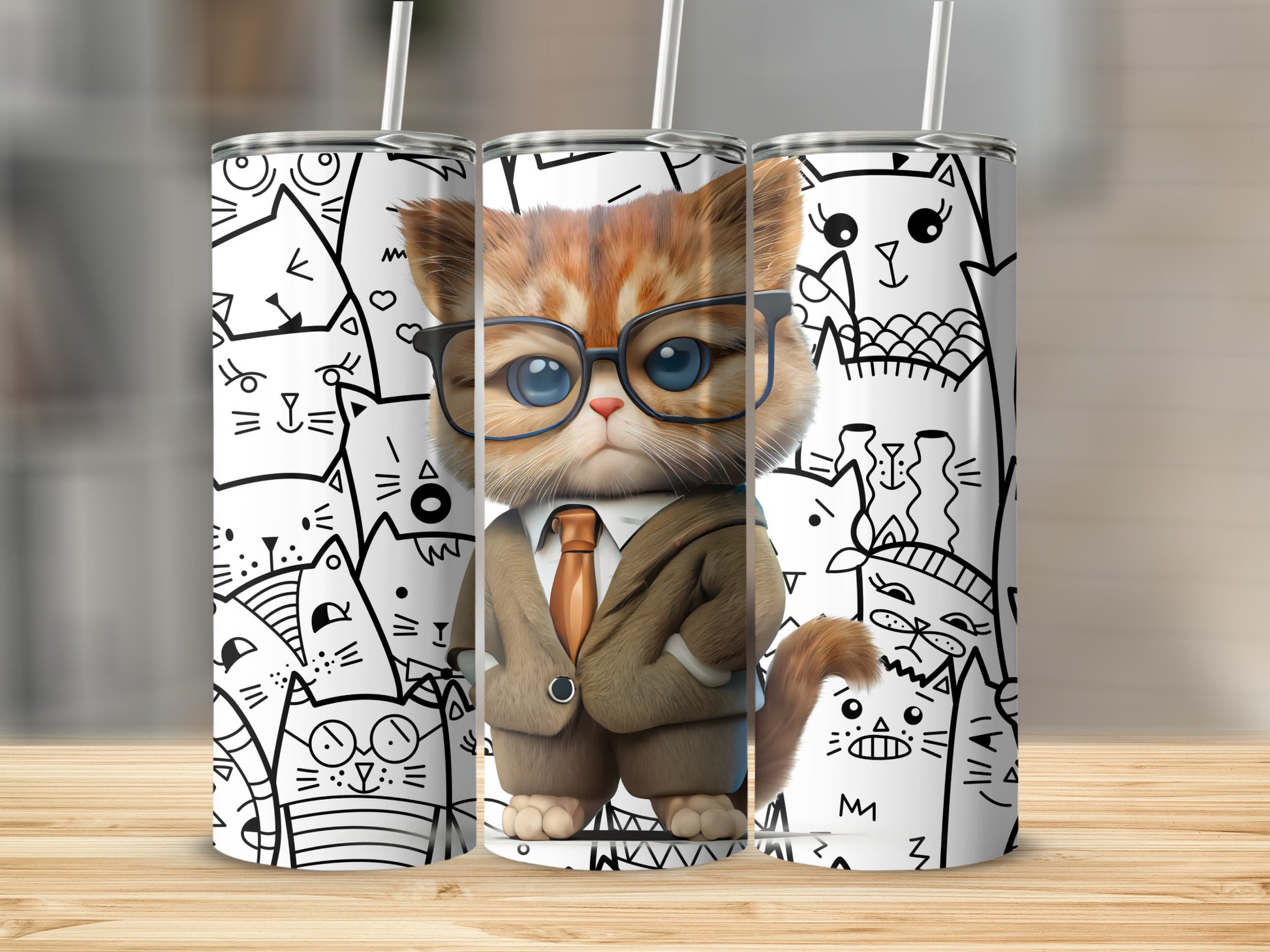 Cute Cat in Suit with Glasses Cartoon Tumbler Cup