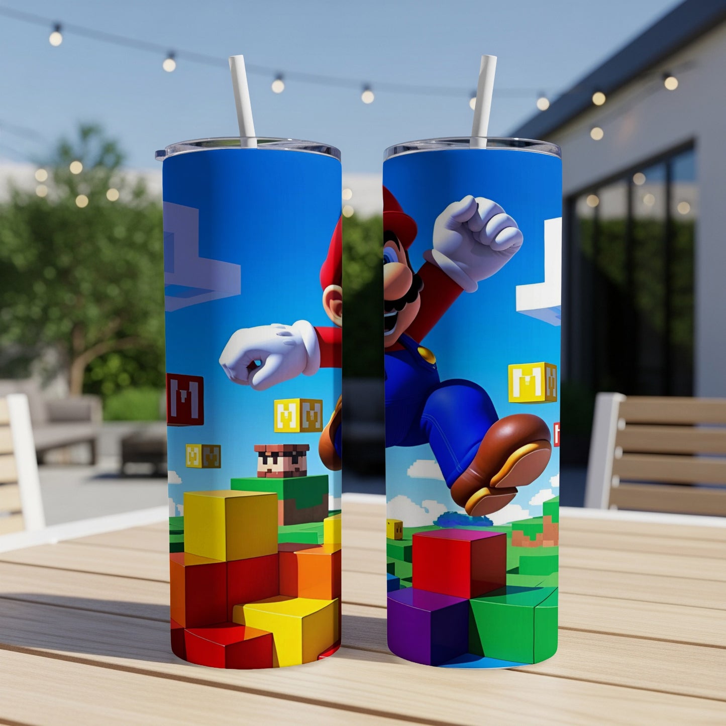 Mario jumping over rainbow blocks with a blue sky background.