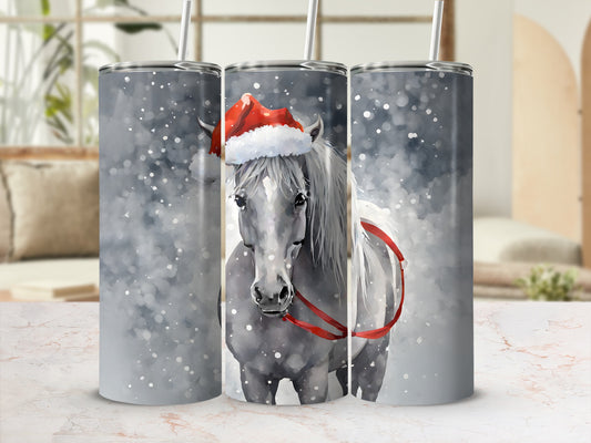 Gray horse wearing Santa hat with snowflakes, printed on three tumblers.