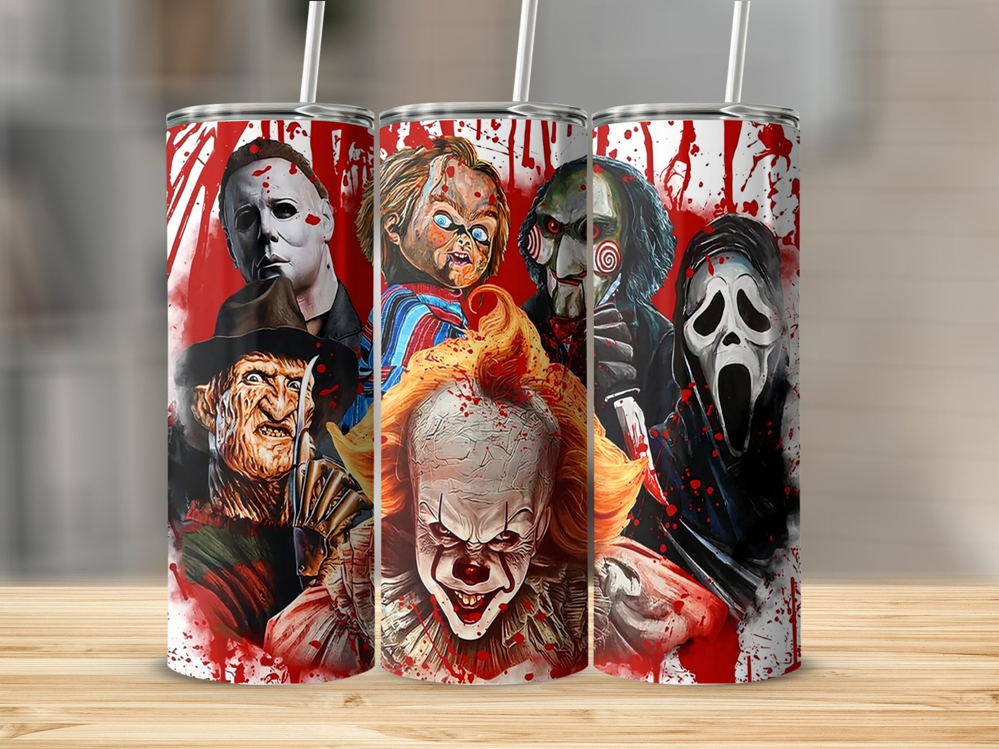 Horror movie villains Michael Myers, Chucky, Pennywise, Freddy Krueger, Jigsaw, and Ghostface on tumblers.