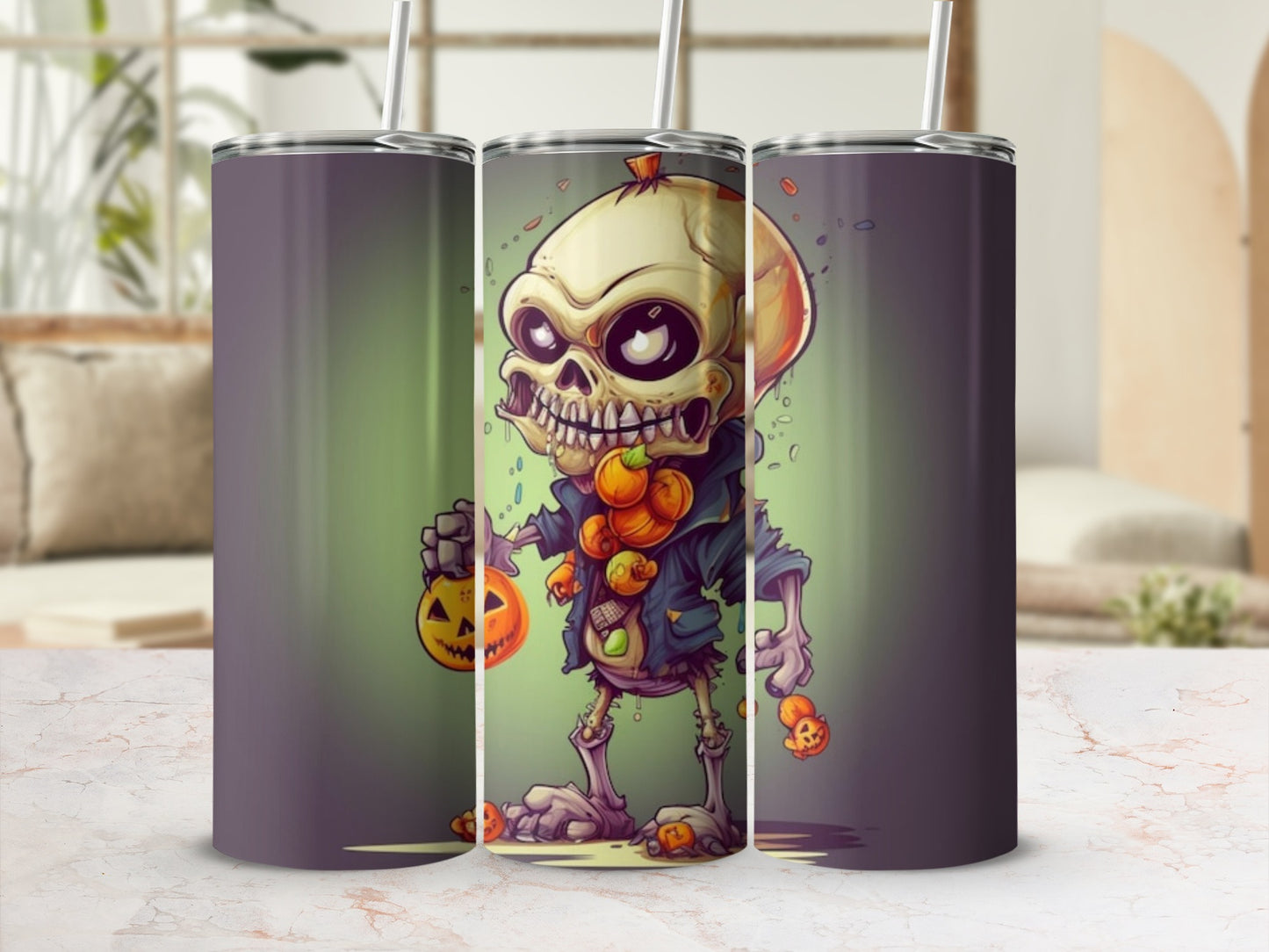 Tumbler with cartoon skeleton holding jack-o'-lantern and pumpkins.